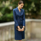 Elegant Navy Blue Pinstripes Double Breasted Shirt Dress - FashionByTeresa